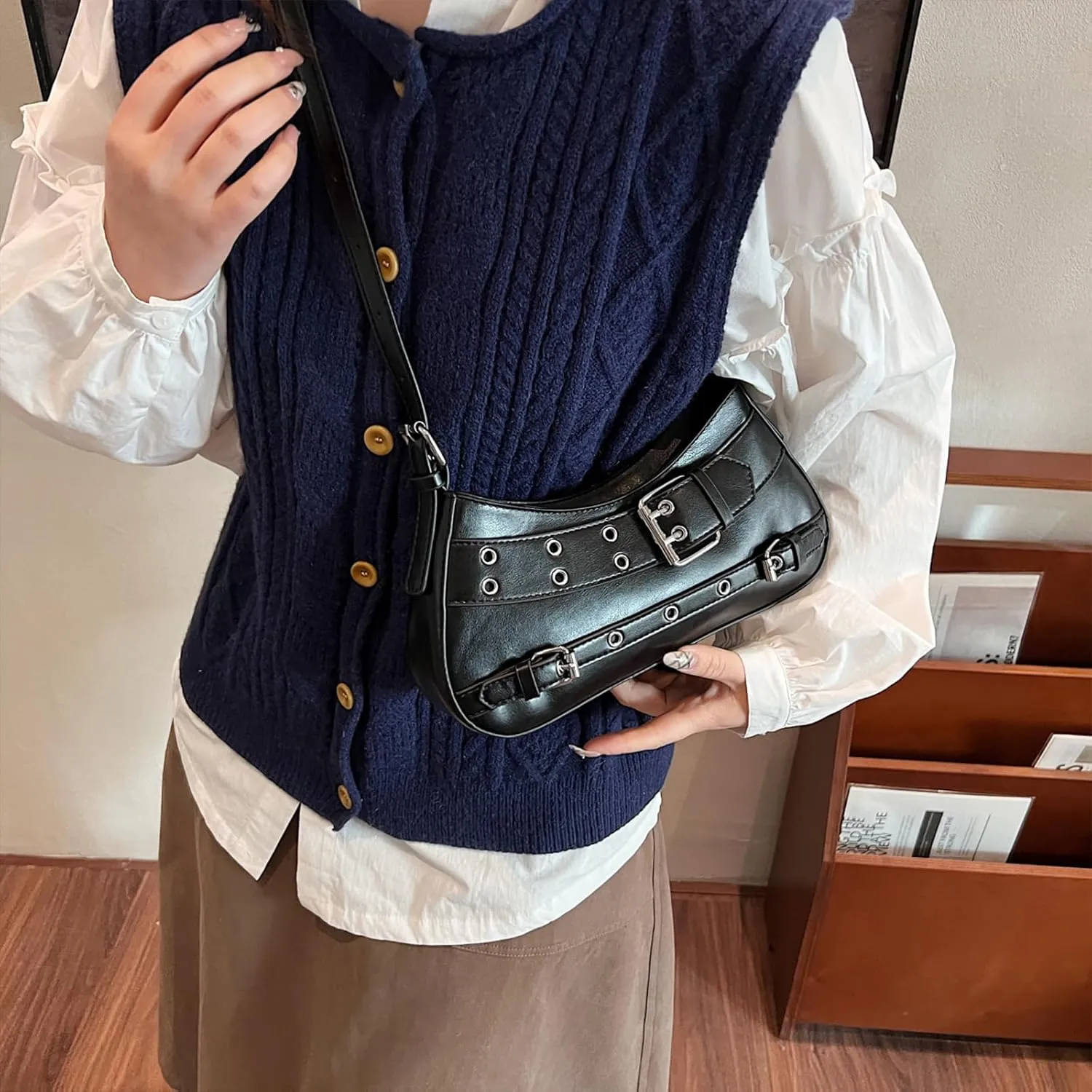 Y2K Purse Crescent Bags for Women Hobo Punk Purse Y2K Shoulder Handbags Studded Bag