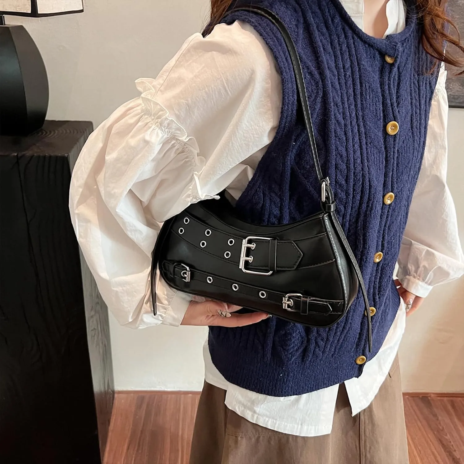 Y2K Purse Crescent Bags for Women Hobo Punk Purse Y2K Shoulder Handbags Studded Bag