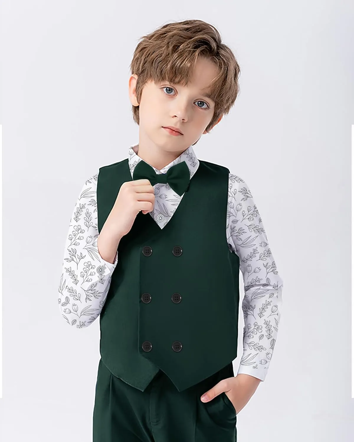 YALLET Boy Clothes Suits, Formal Dress Shirt with Bowtie Vest Suspender Pants Big Kid Gentleman Wedding Outfits 6-10 Years
