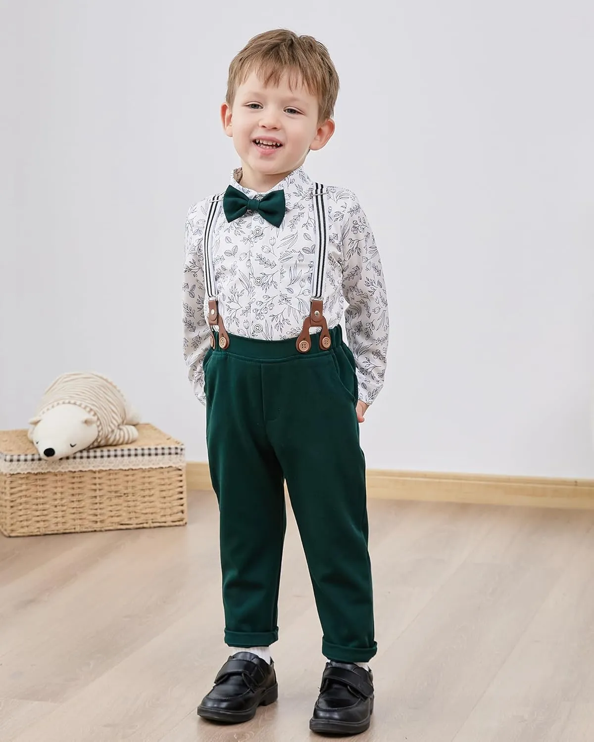 YALLET Boy Clothes Suits, Formal Dress Shirt with Bowtie Vest Suspender Pants Big Kid Gentleman Wedding Outfits 6-10 Years