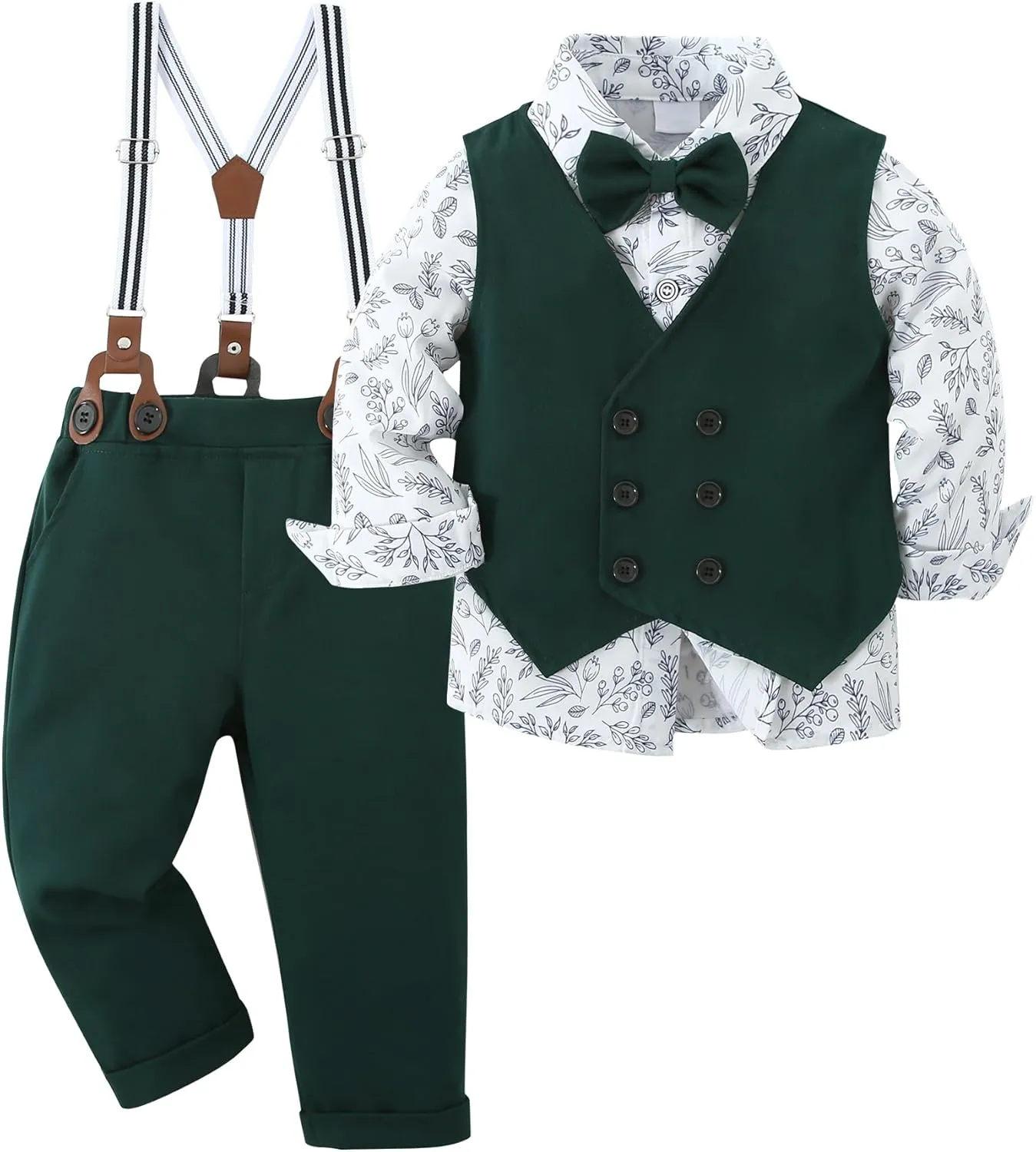 YALLET Boy Clothes Suits, Formal Dress Shirt with Bowtie Vest Suspender Pants Big Kid Gentleman Wedding Outfits 6-10 Years