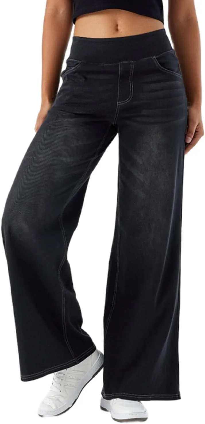 Yollmart Women Wide Leg Jeans Elastic High Waisted Pull On Baggy Denim Pants with Pocket