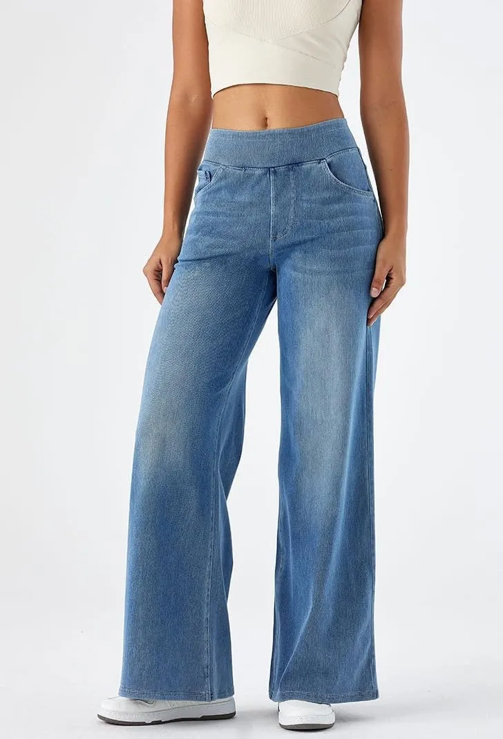 Yollmart Women Wide Leg Jeans Elastic High Waisted Pull On Baggy Denim Pants with Pocket
