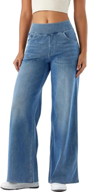 Yollmart Women Wide Leg Jeans Elastic High Waisted Pull On Baggy Denim Pants with Pocket