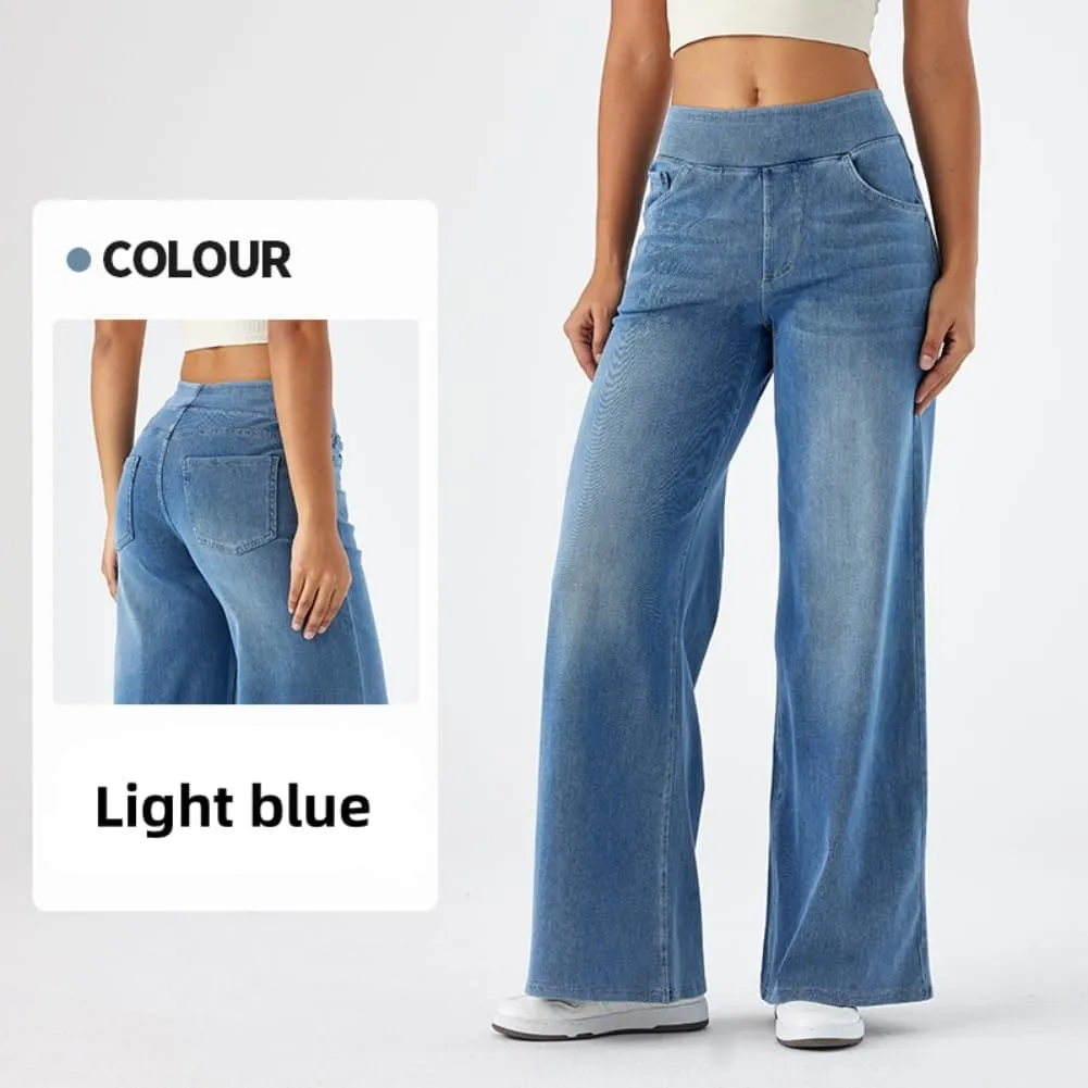 Yollmart Women Wide Leg Jeans Elastic High Waisted Pull On Baggy Denim Pants with Pocket