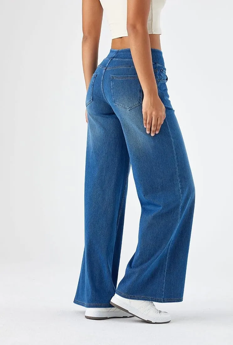 Yollmart Women Wide Leg Jeans Elastic High Waisted Pull On Baggy Denim Pants with Pocket