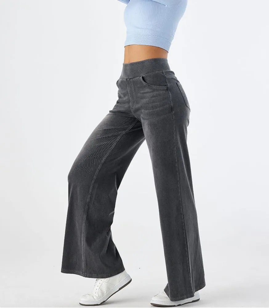 Yollmart Women Wide Leg Jeans Elastic High Waisted Pull On Baggy Denim Pants with Pocket