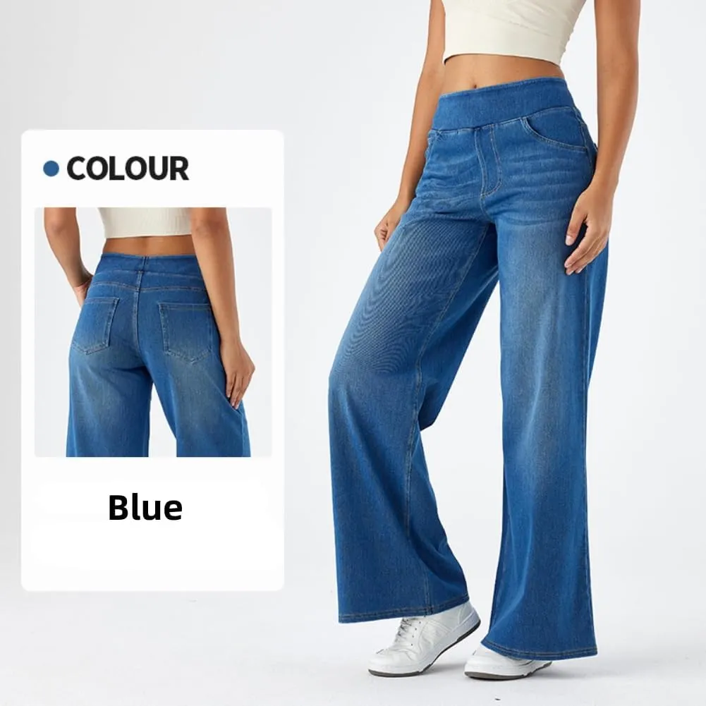 Yollmart Women Wide Leg Jeans Elastic High Waisted Pull On Baggy Denim Pants with Pocket