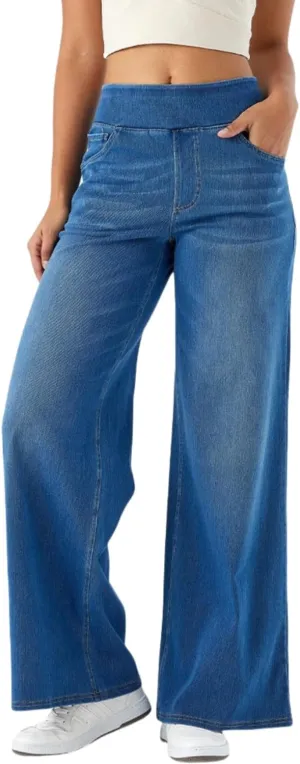 Yollmart Women Wide Leg Jeans Elastic High Waisted Pull On Baggy Denim Pants with Pocket