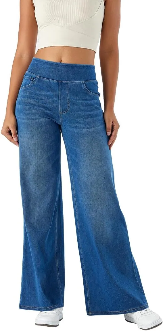 Yollmart Women Wide Leg Jeans Elastic High Waisted Pull On Baggy Denim Pants with Pocket