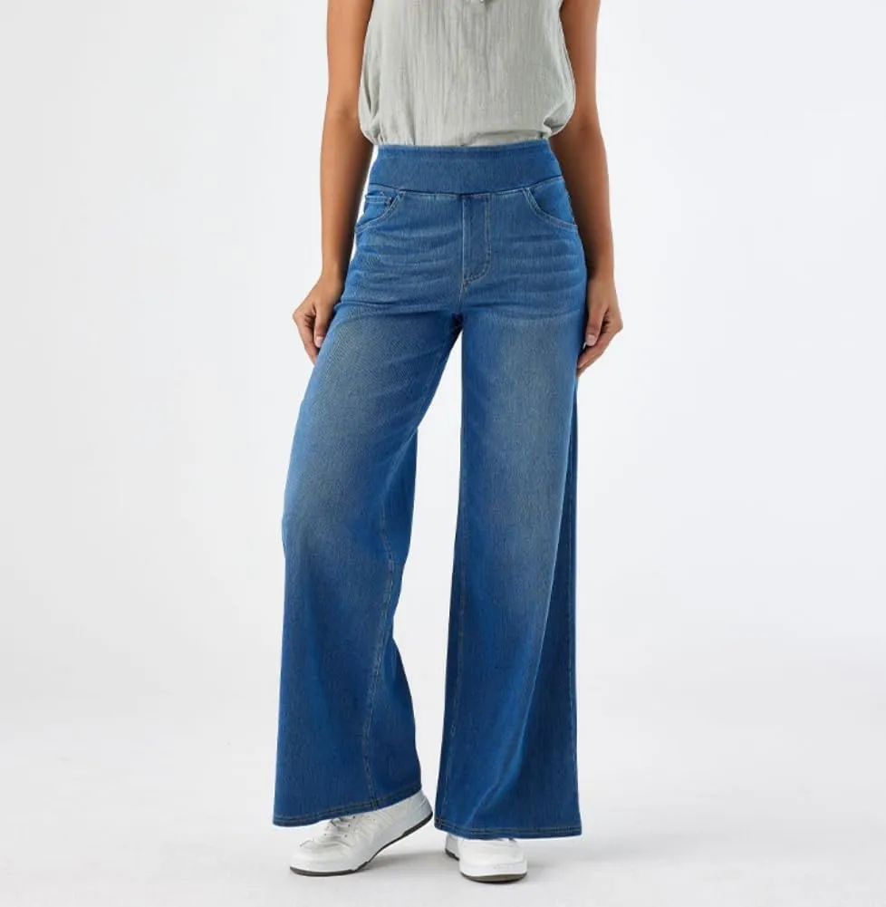 Yollmart Women Wide Leg Jeans Elastic High Waisted Pull On Baggy Denim Pants with Pocket