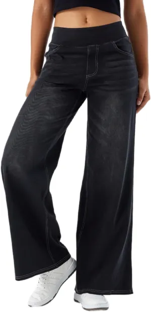 Yollmart Women Wide Leg Jeans Elastic High Waisted Pull On Baggy Denim Pants with Pocket