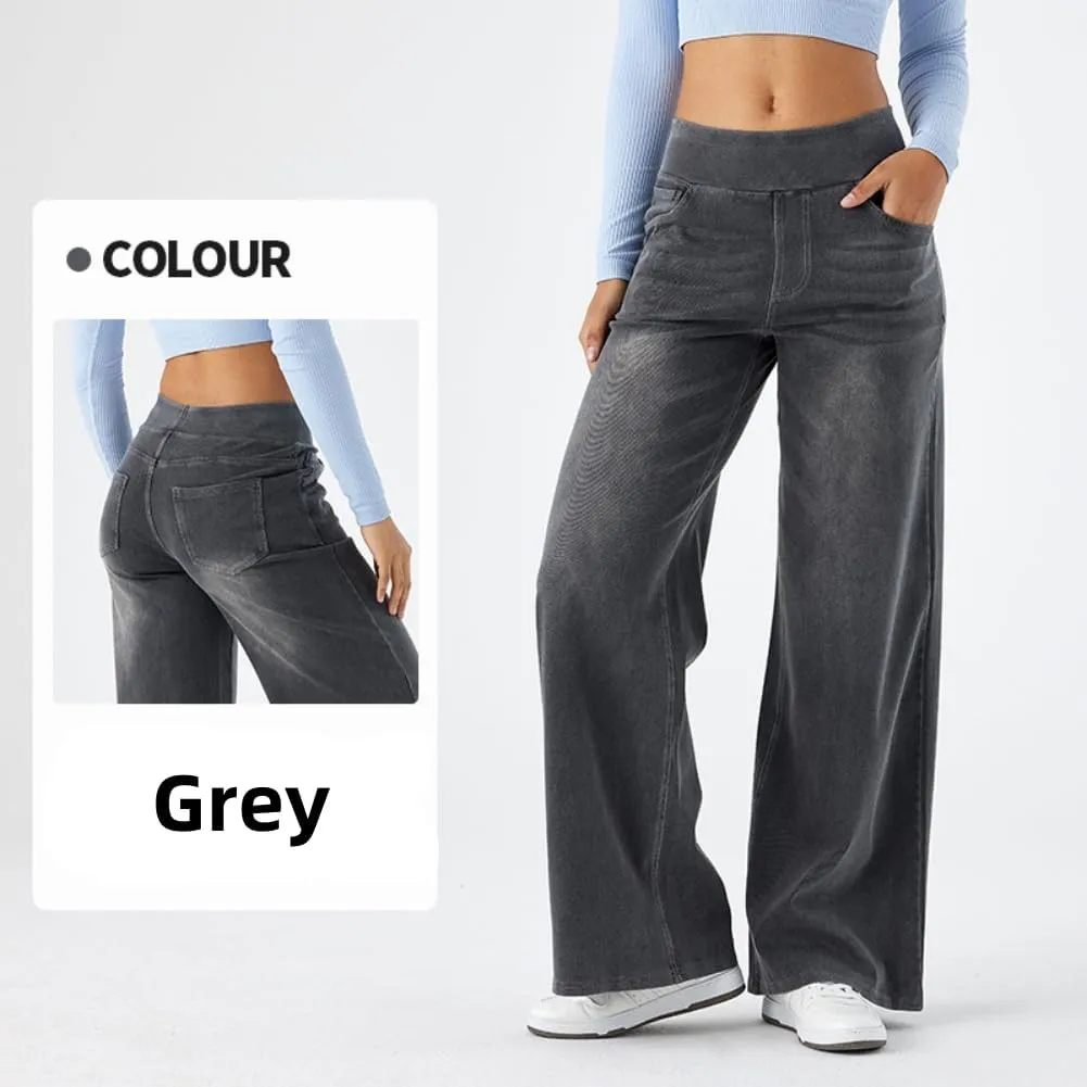 Yollmart Women Wide Leg Jeans Elastic High Waisted Pull On Baggy Denim Pants with Pocket