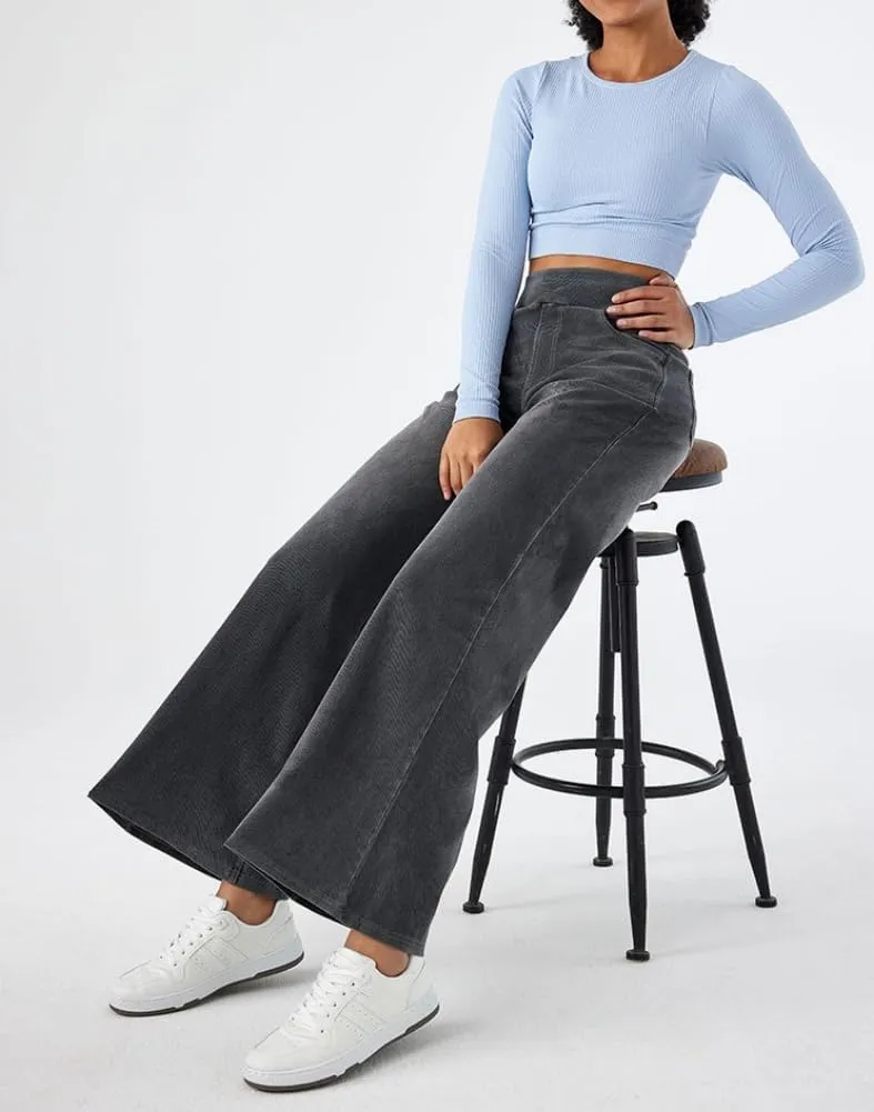 Yollmart Women Wide Leg Jeans Elastic High Waisted Pull On Baggy Denim Pants with Pocket