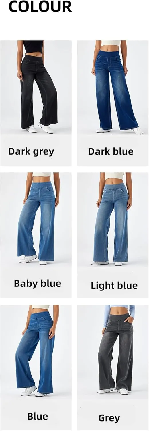 Yollmart Women Wide Leg Jeans Elastic High Waisted Pull On Baggy Denim Pants with Pocket