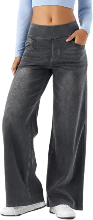 Yollmart Women Wide Leg Jeans Elastic High Waisted Pull On Baggy Denim Pants with Pocket