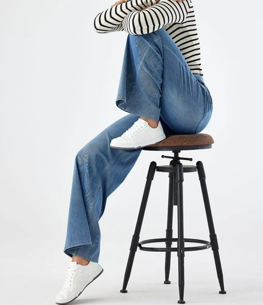 Yollmart Women Wide Leg Jeans Elastic High Waisted Pull On Baggy Denim Pants with Pocket