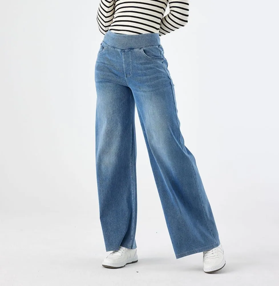 Yollmart Women Wide Leg Jeans Elastic High Waisted Pull On Baggy Denim Pants with Pocket