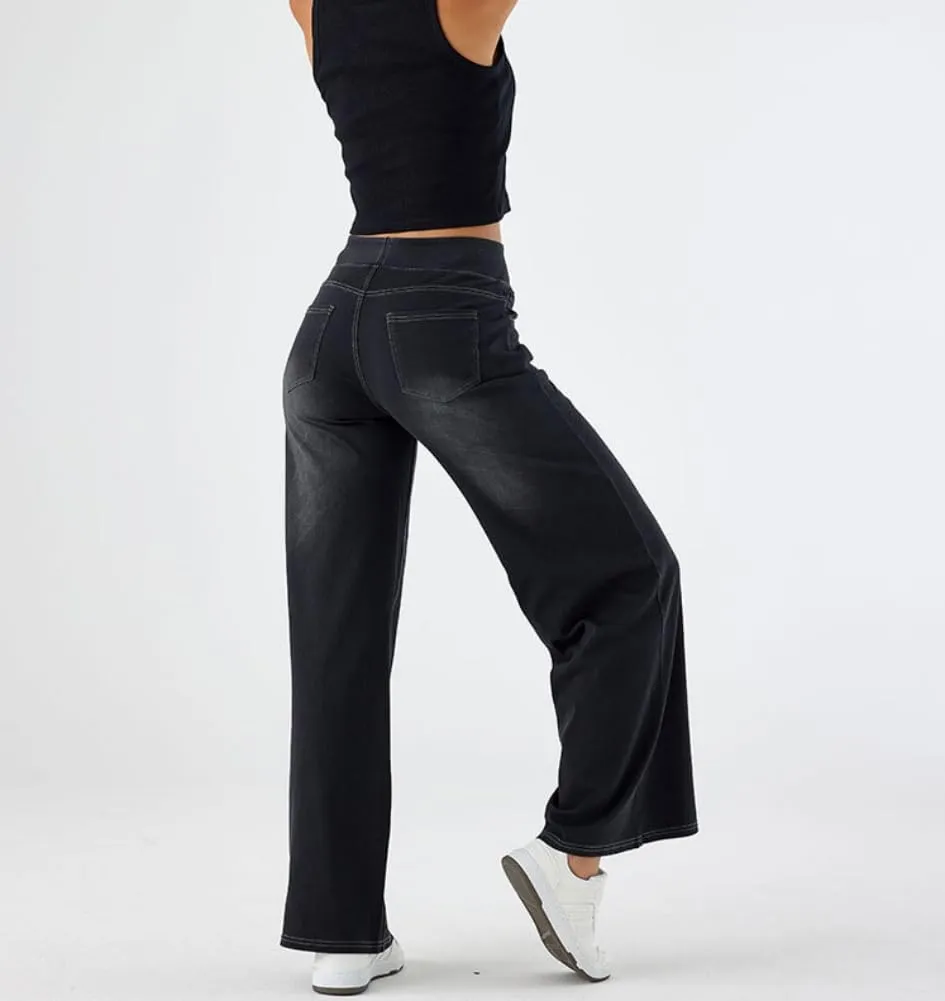 Yollmart Women Wide Leg Jeans Elastic High Waisted Pull On Baggy Denim Pants with Pocket