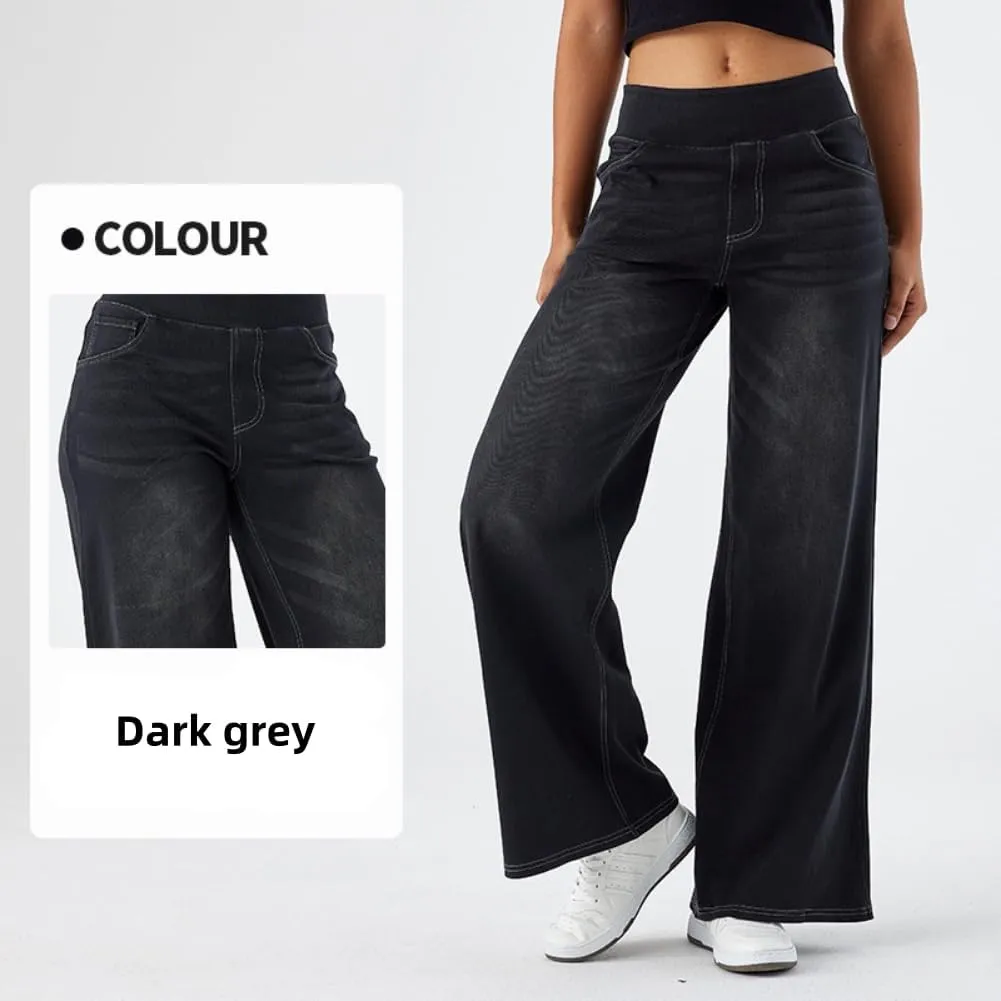 Yollmart Women Wide Leg Jeans Elastic High Waisted Pull On Baggy Denim Pants with Pocket