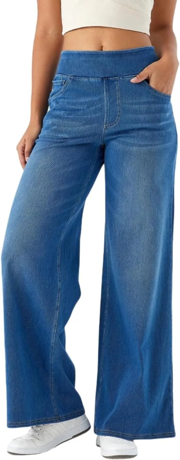 Yollmart Women Wide Leg Jeans Elastic High Waisted Pull On Baggy Denim Pants with Pocket