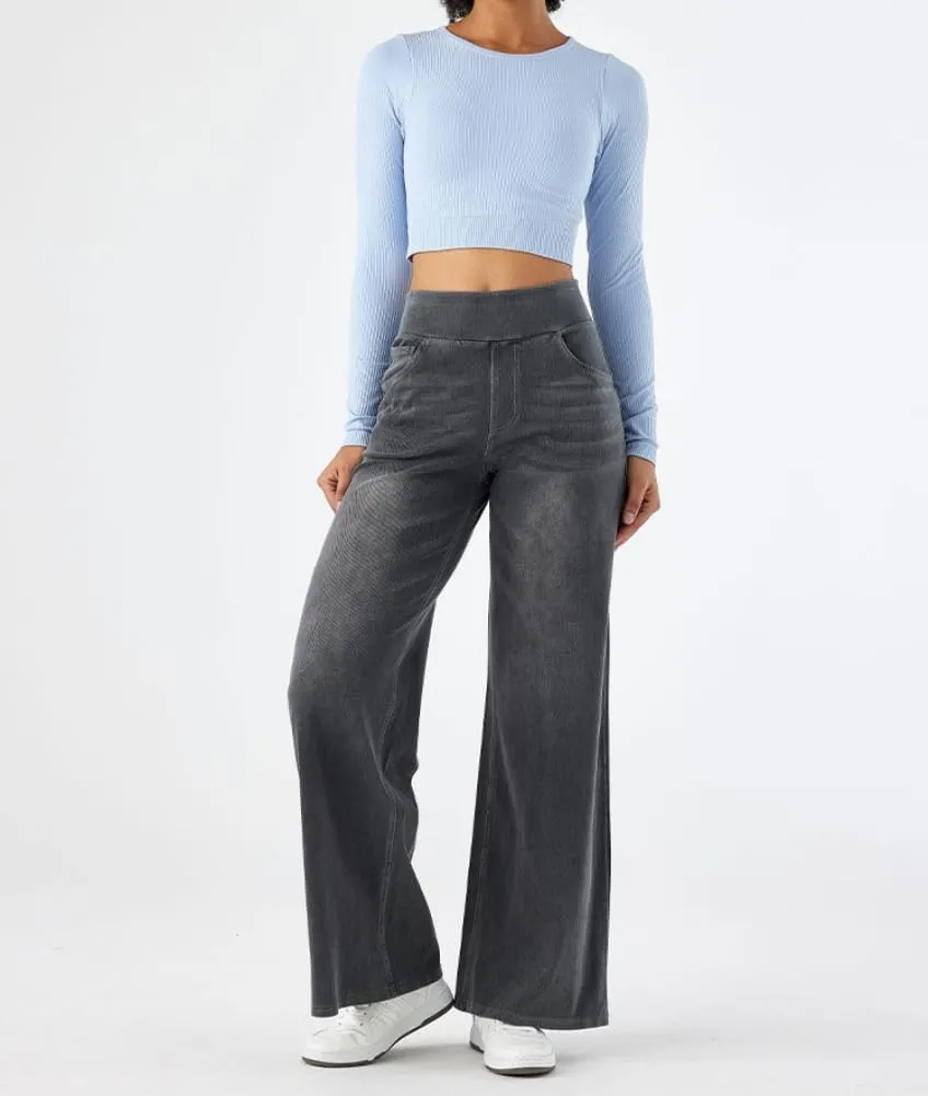 Yollmart Women Wide Leg Jeans Elastic High Waisted Pull On Baggy Denim Pants with Pocket