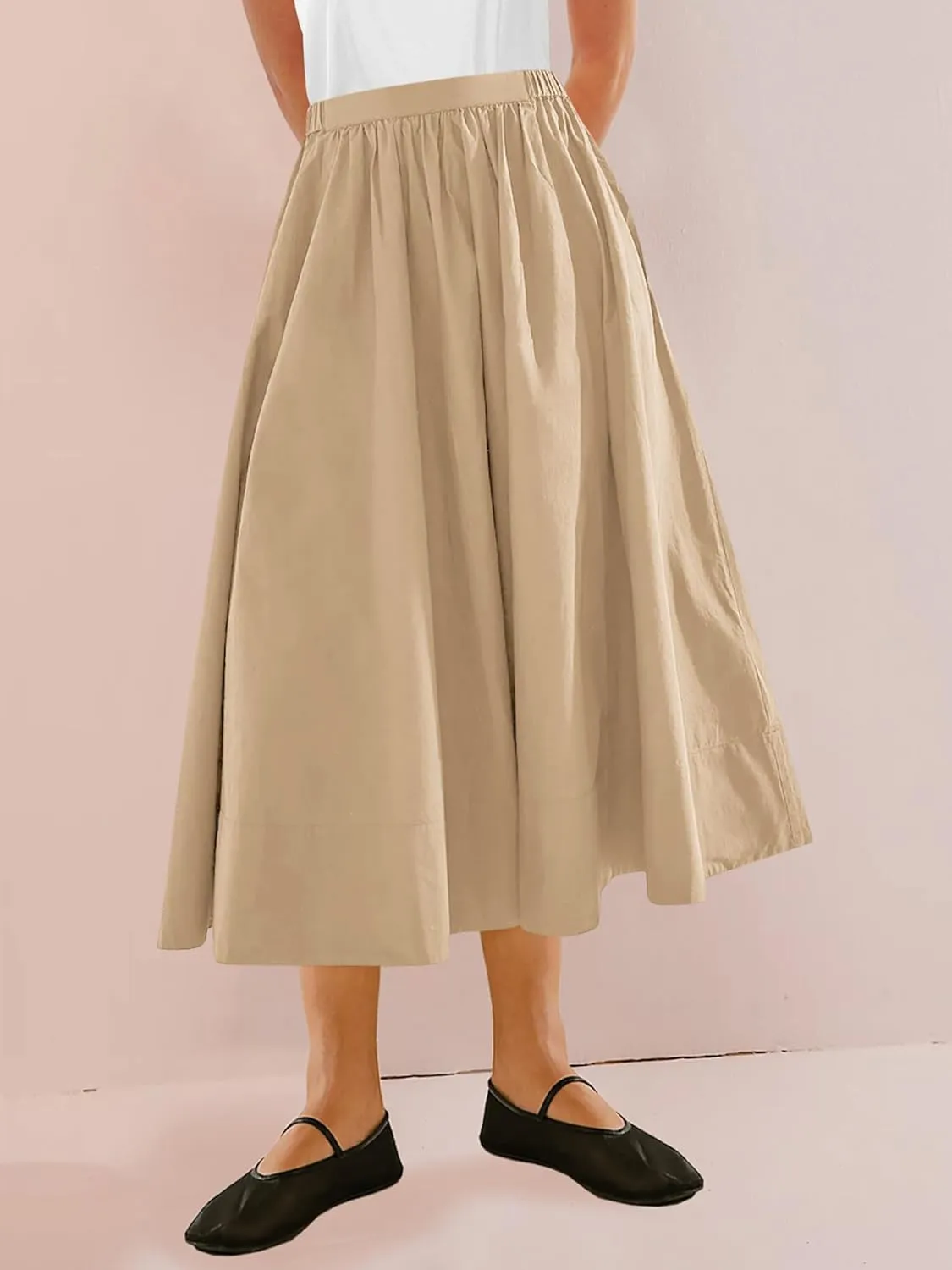 Yousify Womens A-Line Midi Skirts Casual Elastic High Waist Flowy Swing Pleated Beach Boho Long Skirt with Pocket