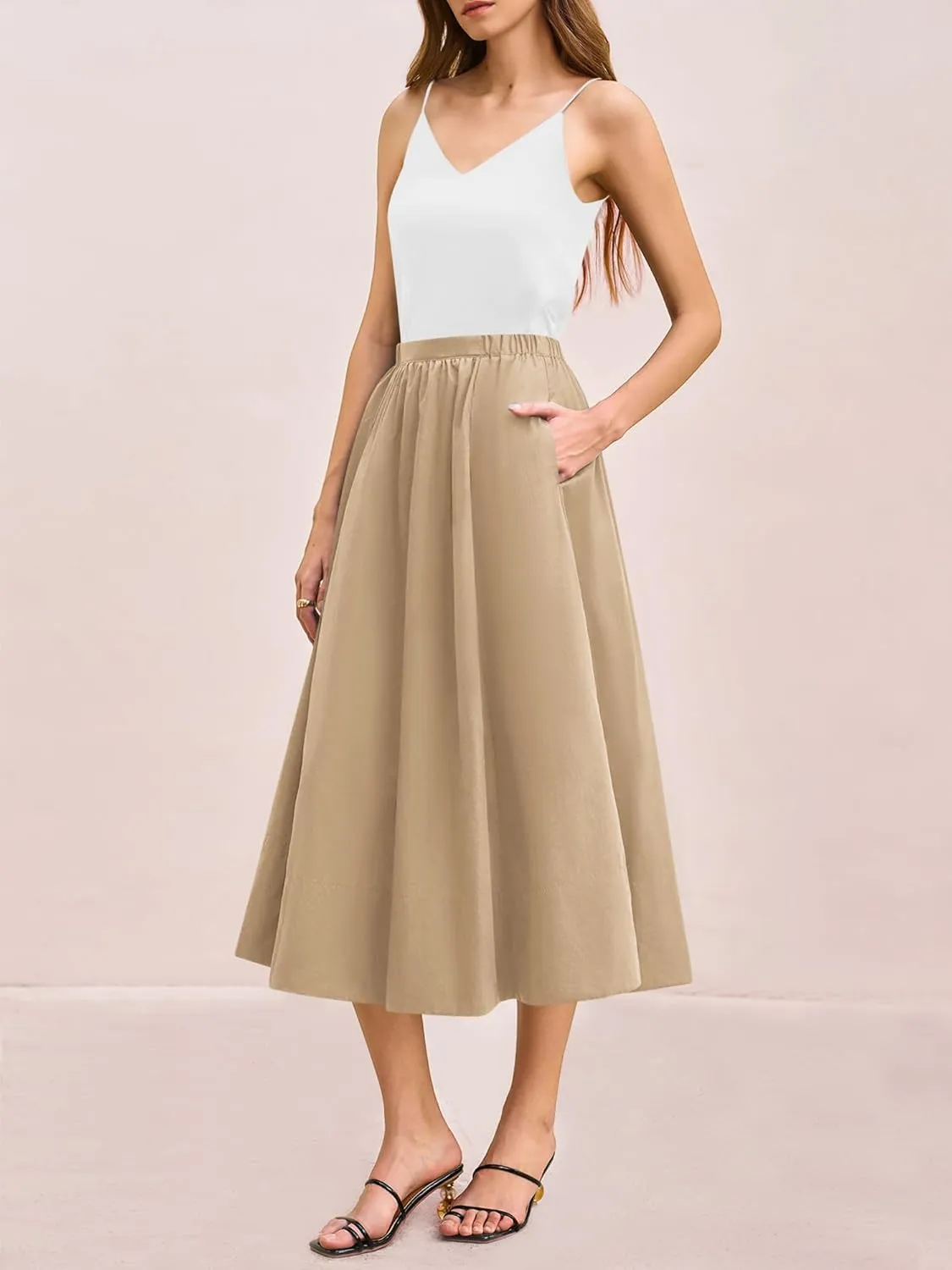 Yousify Womens A-Line Midi Skirts Casual Elastic High Waist Flowy Swing Pleated Beach Boho Long Skirt with Pocket