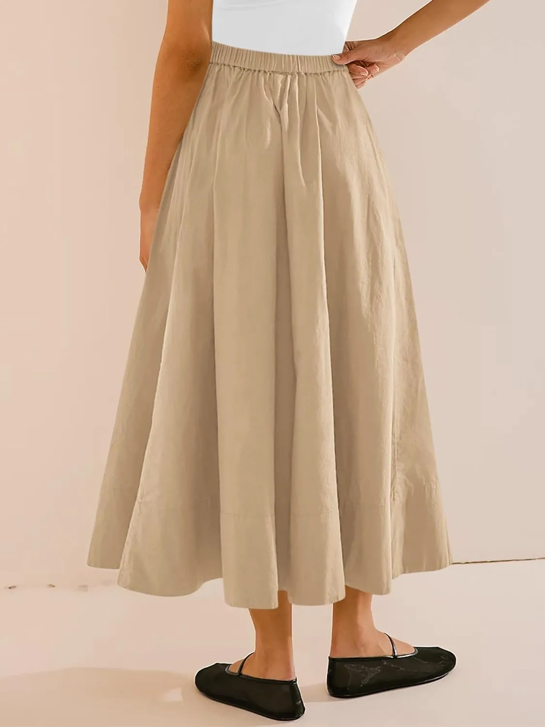 Yousify Womens A-Line Midi Skirts Casual Elastic High Waist Flowy Swing Pleated Beach Boho Long Skirt with Pocket