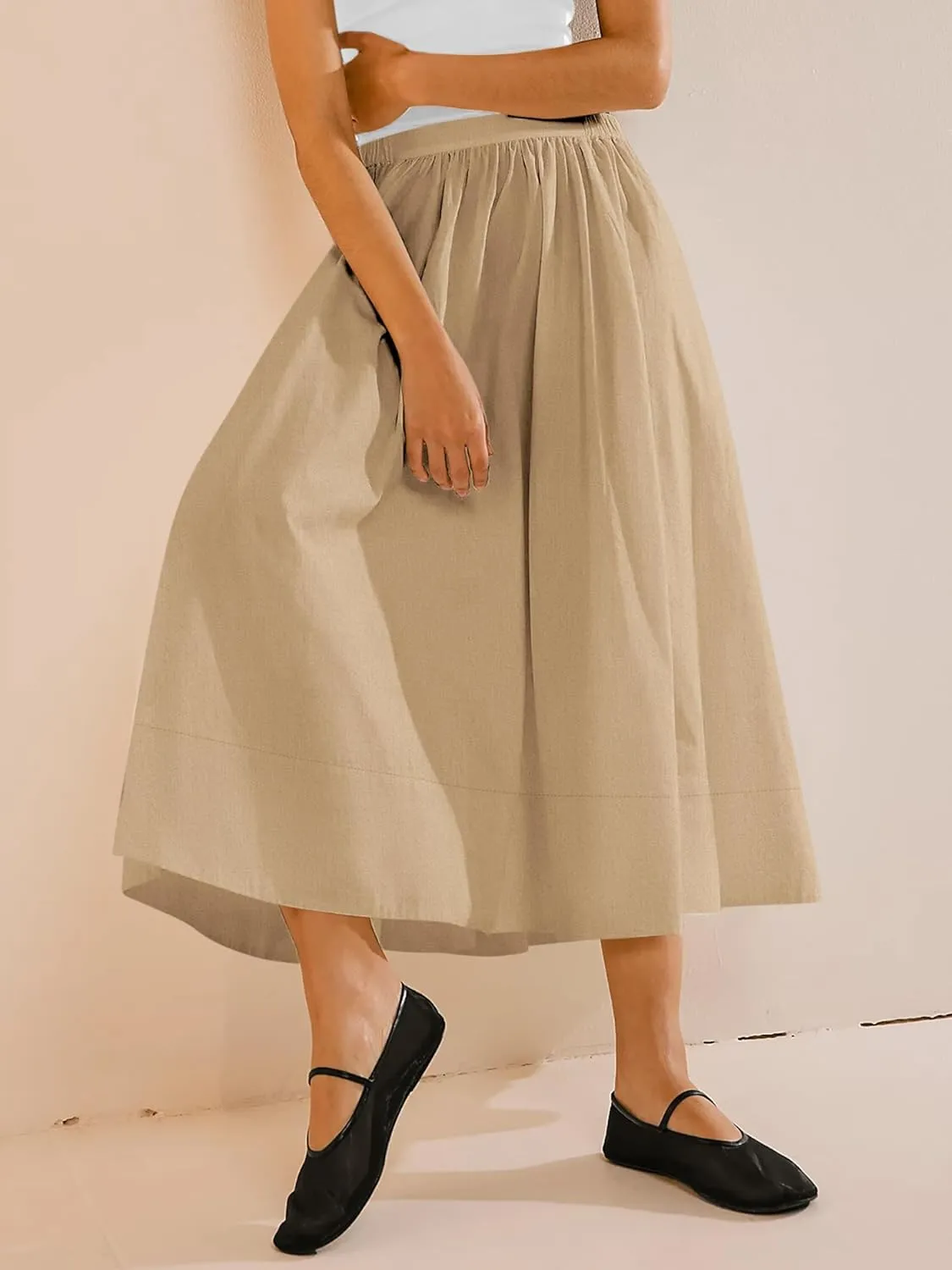 Yousify Womens A-Line Midi Skirts Casual Elastic High Waist Flowy Swing Pleated Beach Boho Long Skirt with Pocket