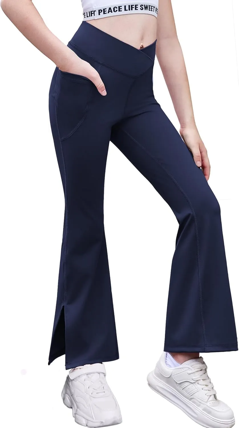 Zaclotre Girls' Flare Leggings with Split Hem Cross High Waist Yoga Bootcut Athletic Kid Bell Bottom Pants with Pockets
