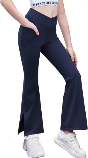 Zaclotre Girls' Flare Leggings with Split Hem Cross High Waist Yoga Bootcut Athletic Kid Bell Bottom Pants with Pockets