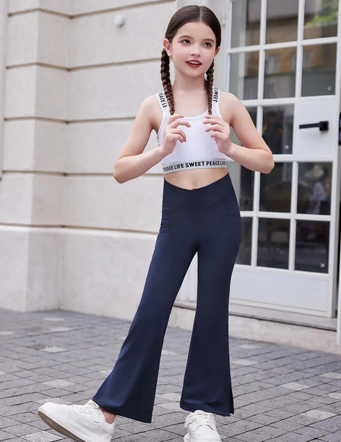 Zaclotre Girls' Flare Leggings with Split Hem Cross High Waist Yoga Bootcut Athletic Kid Bell Bottom Pants with Pockets