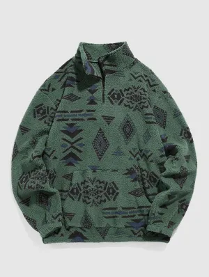 ZAFUL Mens 1/4 Zipper Fleece Sherpa Pullover Sweatshirt Ethnic Aztec Printed Kangaroo Pocket Fall Winter Unisex Hoodie Tops