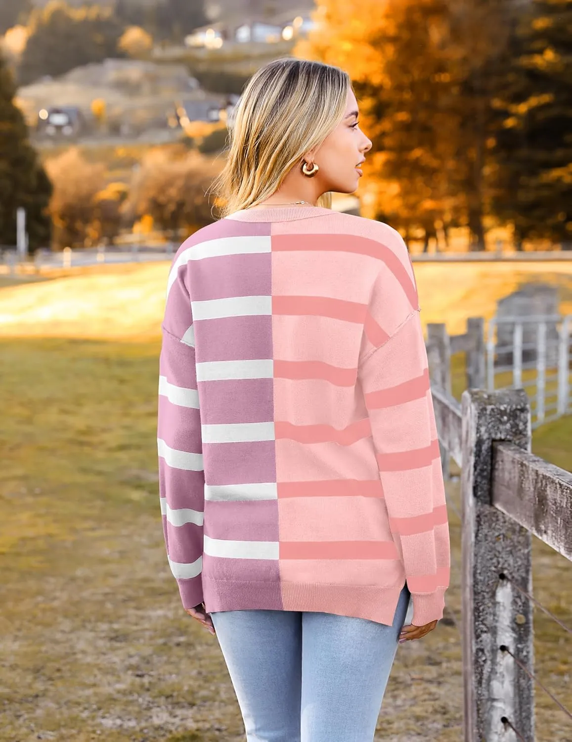 Zeagoo Womens Striped Oversized Sweater 2024 Crew Neck Long Sleeve Knitted Color Block Casual Loose Pullover Top