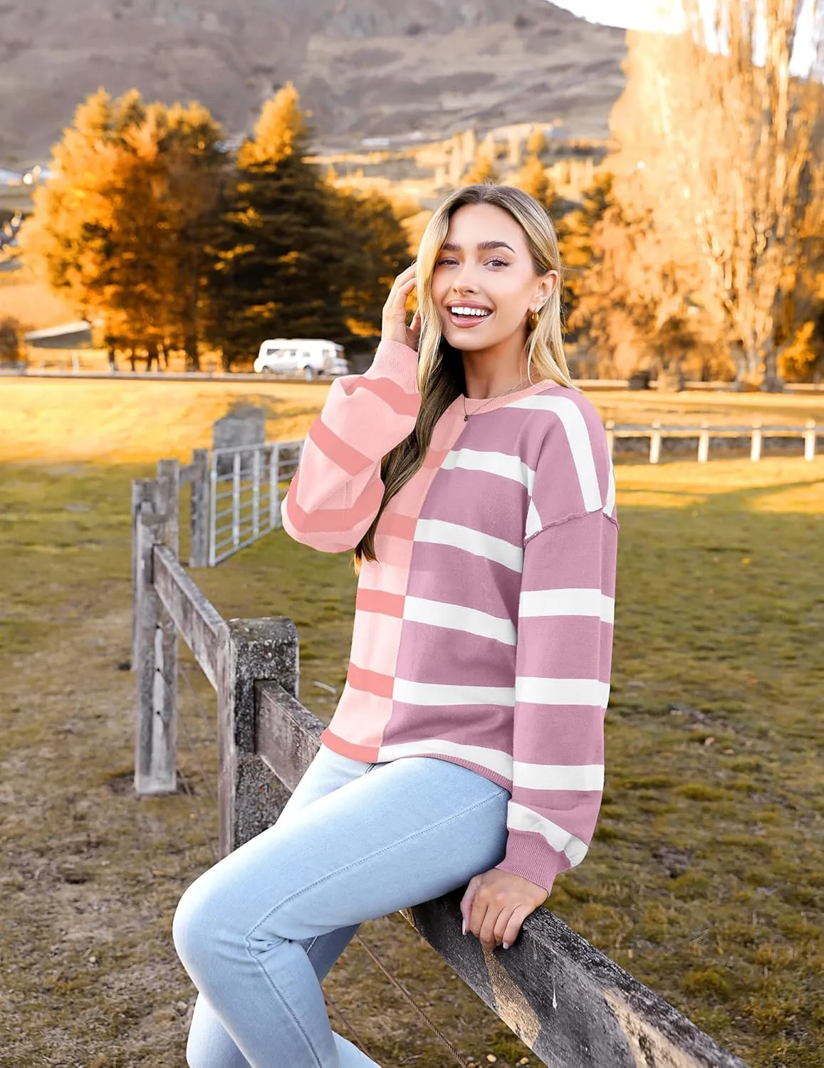Zeagoo Womens Striped Oversized Sweater 2024 Crew Neck Long Sleeve Knitted Color Block Casual Loose Pullover Top