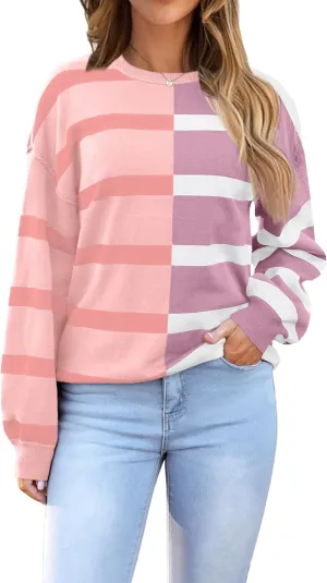 Zeagoo Womens Striped Oversized Sweater 2024 Crew Neck Long Sleeve Knitted Color Block Casual Loose Pullover Top