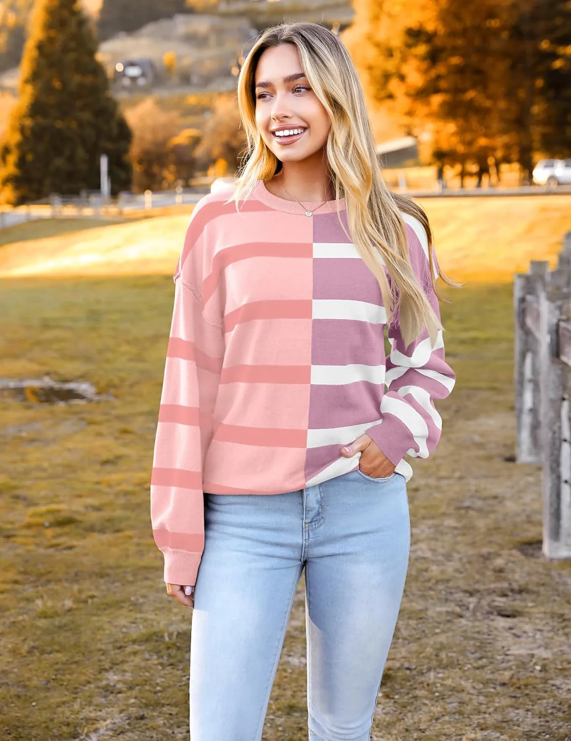 Zeagoo Womens Striped Oversized Sweater 2024 Crew Neck Long Sleeve Knitted Color Block Casual Loose Pullover Top