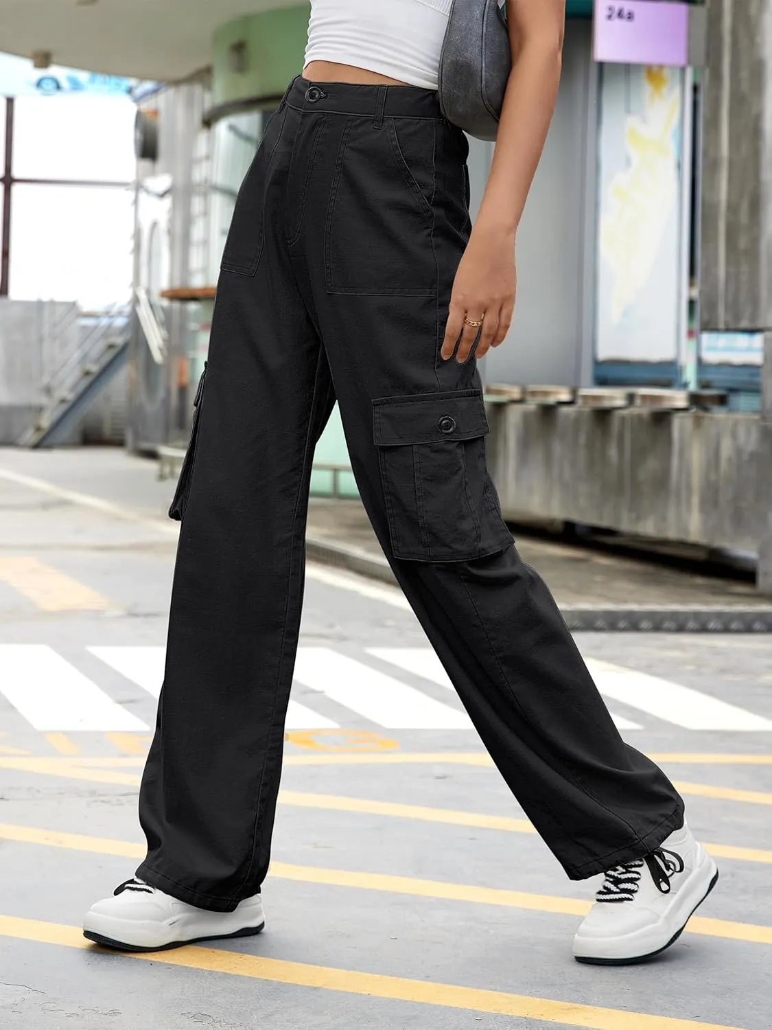 ZMPSIISA Women High Waisted Cargo Pants Wide Leg Casual Pants 6 Pockets Combat Military Trousers