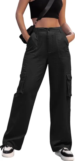 ZMPSIISA Women High Waisted Cargo Pants Wide Leg Casual Pants 6 Pockets Combat Military Trousers