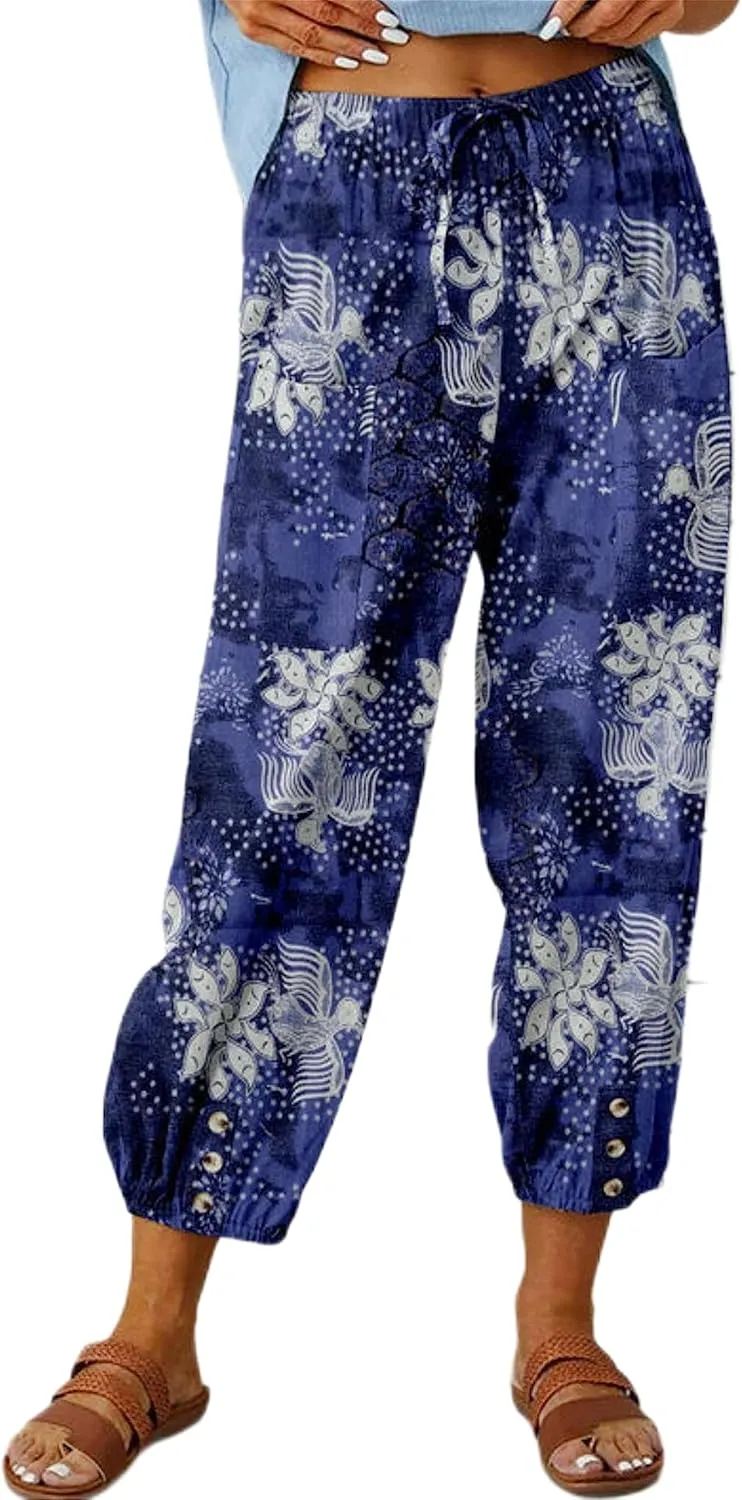 Zontroldy Linen Capri Pants for Women High Waisted Wide Leg Yoga Capris Crop Pants Sweatpants with Pockets